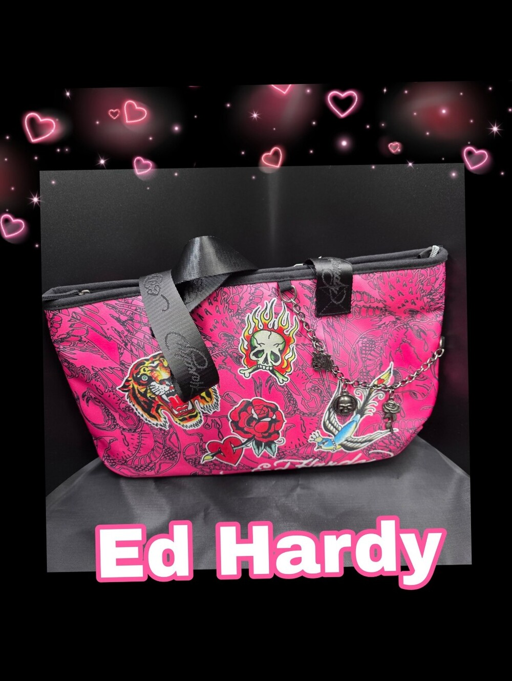 Ed Hardy Pink Tattoo Print Chain Charm Women’s Tote